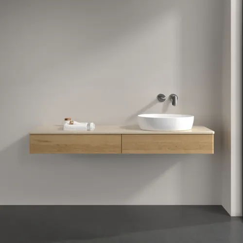 VILLEROY BOCH Antao Waschbeckenunterschrank, mit Beleuchtung, 2 Auszüge, 1600 x 190 x 500 mm, Front ohne Struktur, Honey Oak / Botticino #L16013HN, Bild 3