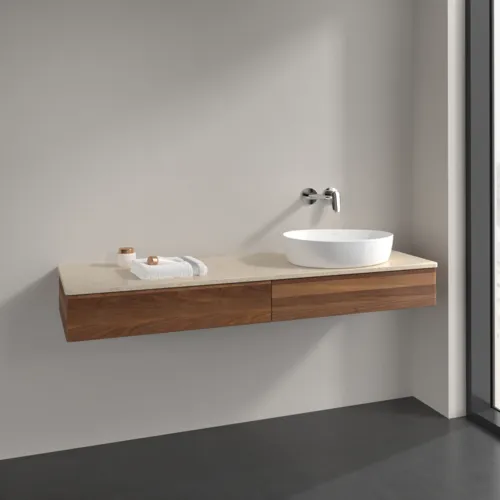 Bild von VILLEROY BOCH Antao Waschbeckenunterschrank, mit Beleuchtung, 2 Auszüge, 1600 x 190 x 500 mm, Front ohne Struktur, Warm Walnut / Botticino #L16013HM