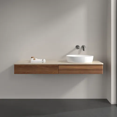Bild von VILLEROY BOCH Antao Waschbeckenunterschrank, mit Beleuchtung, 2 Auszüge, 1600 x 190 x 500 mm, Front ohne Struktur, Warm Walnut / Botticino #L16013HM
