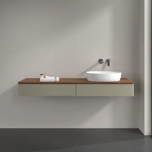 Bild von VILLEROY BOCH Antao Waschbeckenunterschrank, mit Beleuchtung, 2 Auszüge, 1600 x 190 x 500 mm, Front ohne Struktur, Stone Grey Matt Lacquer / Warm Walnut #L16012HK