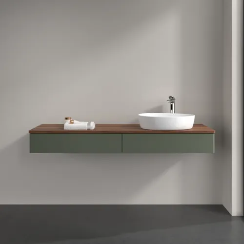 Bild von VILLEROY BOCH Antao Waschbeckenunterschrank, mit Beleuchtung, 2 Auszüge, 1600 x 190 x 500 mm, Front ohne Struktur, Leaf Green Matt Lacquer / Warm Walnut #L16052HL