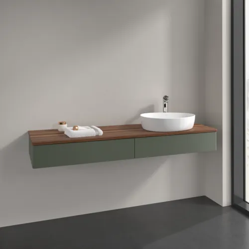 Bild von VILLEROY BOCH Antao Waschbeckenunterschrank, mit Beleuchtung, 2 Auszüge, 1600 x 190 x 500 mm, Front ohne Struktur, Leaf Green Matt Lacquer / Warm Walnut #L16052HL