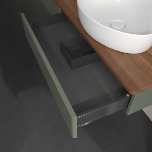 Bild von VILLEROY BOCH Antao Waschbeckenunterschrank, mit Beleuchtung, 2 Auszüge, 1600 x 190 x 500 mm, Front ohne Struktur, Leaf Green Matt Lacquer / Warm Walnut #L16052HL