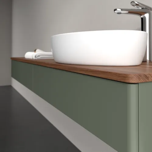 Bild von VILLEROY BOCH Antao Waschbeckenunterschrank, mit Beleuchtung, 2 Auszüge, 1600 x 190 x 500 mm, Front ohne Struktur, Leaf Green Matt Lacquer / Warm Walnut #L16052HL
