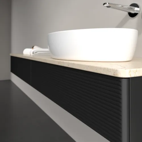 Bild von VILLEROY BOCH Antao Waschbeckenunterschrank, mit Beleuchtung, 2 Auszüge, 1600 x 190 x 500 mm, Front mit Struktur, Black Matt Lacquer / Botticino #L16113PD
