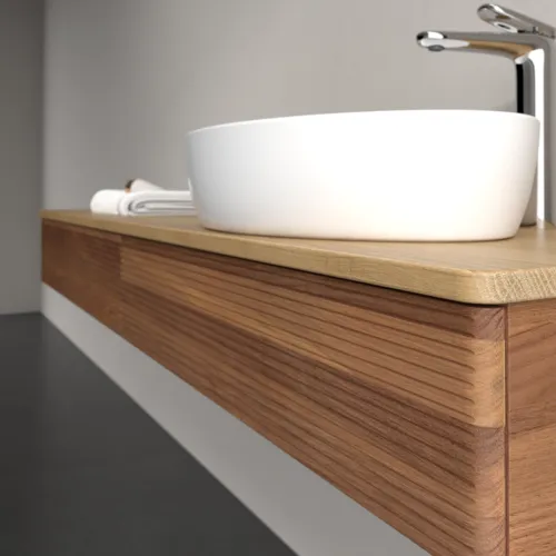 Bild von VILLEROY BOCH Antao Waschbeckenunterschrank, mit Beleuchtung, 2 Auszüge, 1600 x 190 x 500 mm, Front mit Struktur, Warm Walnut / Honey Oak #L16151HM