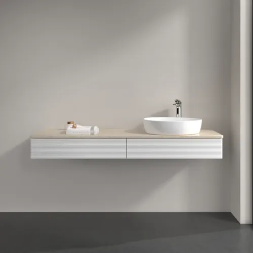 Bild von VILLEROY BOCH Antao Waschbeckenunterschrank, mit Beleuchtung, 2 Auszüge, 1600 x 190 x 500 mm, Front mit Struktur, Glossy White Lacquer / Botticino #L16153GF