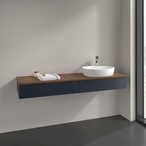 Bild von VILLEROY BOCH Antao Waschbeckenunterschrank, mit Beleuchtung, 2 Auszüge, 1600 x 190 x 500 mm, Front ohne Struktur, Midnight Blue Matt Lacquer / Warm Walnut #L16052HG