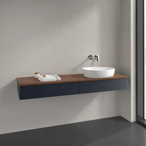 Bild von VILLEROY BOCH Antao Waschbeckenunterschrank, mit Beleuchtung, 2 Auszüge, 1600 x 190 x 500 mm, Front mit Struktur, Midnight Blue Matt Lacquer / Warm Walnut #L16112HG