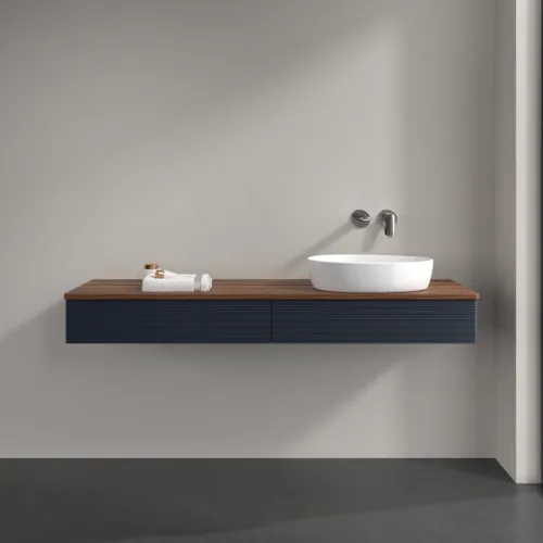Bild von VILLEROY BOCH Antao Waschbeckenunterschrank, mit Beleuchtung, 2 Auszüge, 1600 x 190 x 500 mm, Front mit Struktur, Midnight Blue Matt Lacquer / Warm Walnut #L16112HG