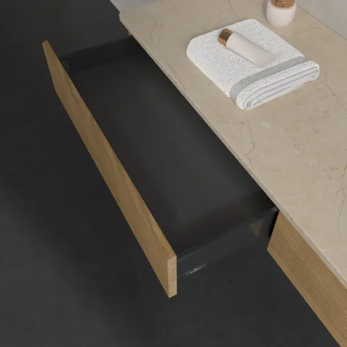 Bild von VILLEROY BOCH Antao Waschbeckenunterschrank, mit Beleuchtung, 2 Auszüge, 1600 x 190 x 500 mm, Front mit Struktur, Honey Oak / Botticino #L16153HN