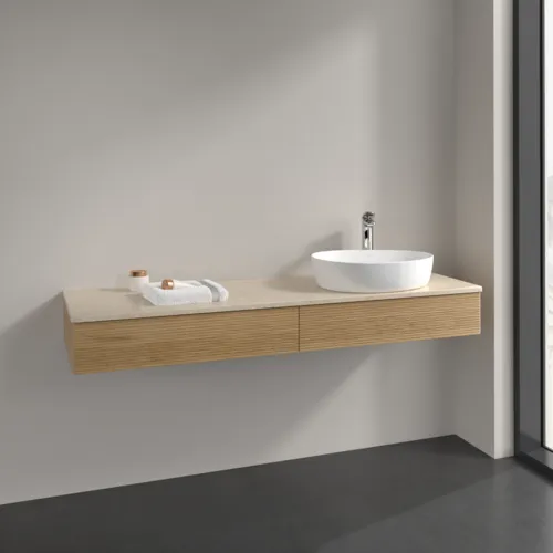 Bild von VILLEROY BOCH Antao Waschbeckenunterschrank, mit Beleuchtung, 2 Auszüge, 1600 x 190 x 500 mm, Front mit Struktur, Honey Oak / Botticino #L16153HN