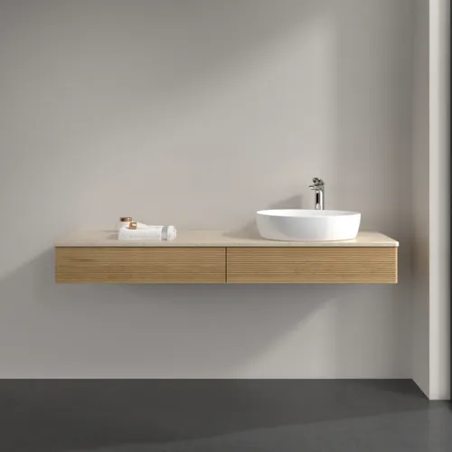 Bild von VILLEROY BOCH Antao Waschbeckenunterschrank, mit Beleuchtung, 2 Auszüge, 1600 x 190 x 500 mm, Front mit Struktur, Honey Oak / Botticino #L16153HN
