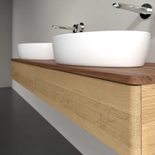 Bild von VILLEROY BOCH Antao Waschbeckenunterschrank, mit Beleuchtung, 2 Auszüge, 1600 x 190 x 500 mm, Front ohne Struktur, Honey Oak / Warm Walnut #L17012HN