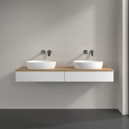 Bild von VILLEROY BOCH Antao Waschbeckenunterschrank, mit Beleuchtung, 2 Auszüge, 1600 x 190 x 500 mm, Front ohne Struktur, White Matt Lacquer / Honey Oak #L17011MT