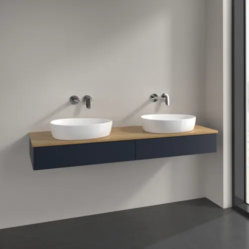 Bild von VILLEROY BOCH Antao Waschbeckenunterschrank, mit Beleuchtung, 2 Auszüge, 1600 x 190 x 500 mm, Front ohne Struktur, Midnight Blue Matt Lacquer / Honey Oak #L17011HG