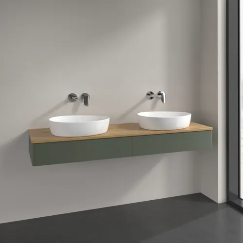 Bild von VILLEROY BOCH Antao Waschbeckenunterschrank, mit Beleuchtung, 2 Auszüge, 1600 x 190 x 500 mm, Front ohne Struktur, Leaf Green Matt Lacquer / Honey Oak #L17011HL