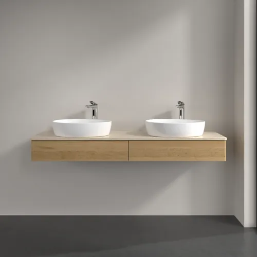 Bild von VILLEROY BOCH Antao Waschbeckenunterschrank, mit Beleuchtung, 2 Auszüge, 1600 x 190 x 500 mm, Front ohne Struktur, Honey Oak / Botticino #L17053HN