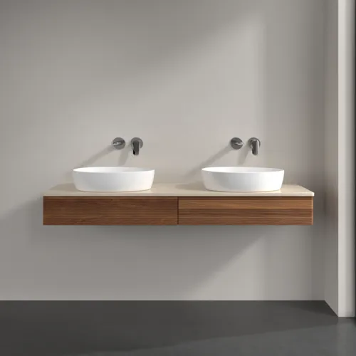 Bild von VILLEROY BOCH Antao Waschbeckenunterschrank, mit Beleuchtung, 2 Auszüge, 1600 x 190 x 500 mm, Front mit Struktur, Warm Walnut / Botticino #L17113HM