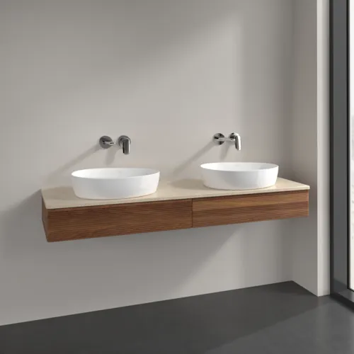 Bild von VILLEROY BOCH Antao Waschbeckenunterschrank, mit Beleuchtung, 2 Auszüge, 1600 x 190 x 500 mm, Front mit Struktur, Warm Walnut / Botticino #L17113HM