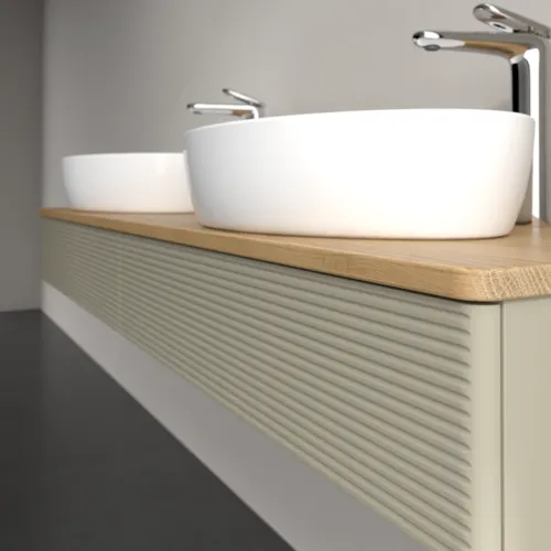 Bild von VILLEROY BOCH Antao Waschbeckenunterschrank, mit Beleuchtung, 2 Auszüge, 1600 x 190 x 500 mm, Front mit Struktur, Stone Grey Matt Lacquer / Honey Oak #L17151HK