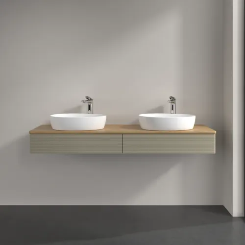 Bild von VILLEROY BOCH Antao Waschbeckenunterschrank, mit Beleuchtung, 2 Auszüge, 1600 x 190 x 500 mm, Front mit Struktur, Stone Grey Matt Lacquer / Honey Oak #L17151HK