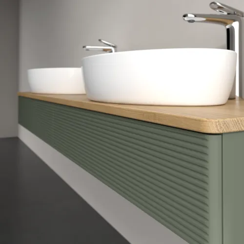 Bild von VILLEROY BOCH Antao Waschbeckenunterschrank, mit Beleuchtung, 2 Auszüge, 1600 x 190 x 500 mm, Front mit Struktur, Leaf Green Matt Lacquer / Honey Oak #L17151HL