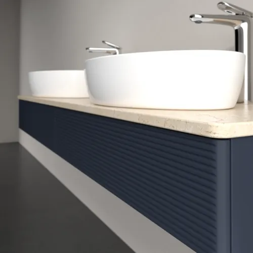 Bild von VILLEROY BOCH Antao Waschbeckenunterschrank, mit Beleuchtung, 2 Auszüge, 1600 x 190 x 500 mm, Front mit Struktur, Midnight Blue Matt Lacquer / Botticino #L17153HG