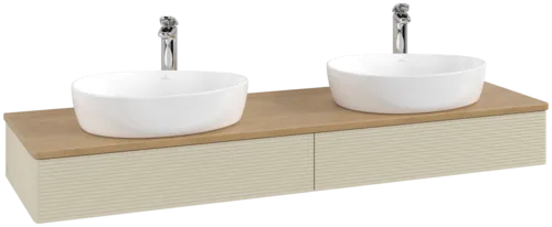 Picture of VILLEROY BOCH Antao Vanity unit, with lighting, 2 pull-out compartments, 1600 x 190 x 500 mm, Front with grain texture, Silk Grey Matt Lacquer / Honey Oak #L17151HJ