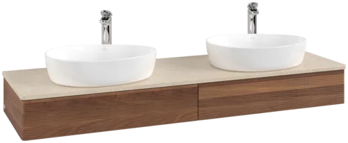 Picture of VILLEROY BOCH Antao Vanity unit, with lighting, 2 pull-out compartments, 1600 x 190 x 500 mm, Front with grain texture, Warm Walnut / Botticino #L17153HM