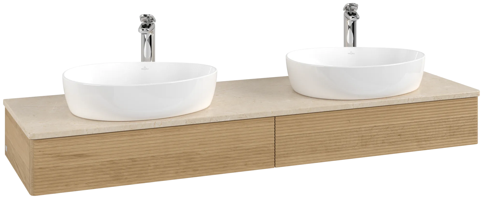 Picture of VILLEROY BOCH Antao Vanity unit, with lighting, 2 pull-out compartments, 1600 x 190 x 500 mm, Front with grain texture, Honey Oak / Botticino #L17153HN
