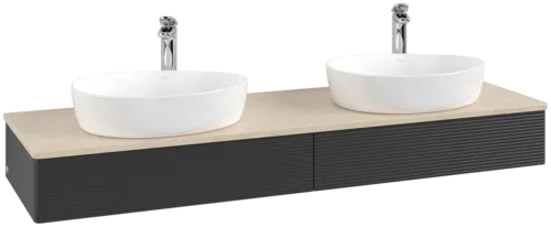 Picture of VILLEROY BOCH Antao Vanity unit, with lighting, 2 pull-out compartments, 1600 x 190 x 500 mm, Front with grain texture, Black Matt Lacquer / Botticino #L17153PD