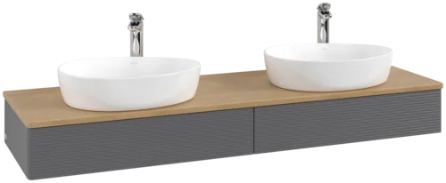 Picture of VILLEROY BOCH Antao Vanity unit, with lighting, 2 pull-out compartments, 1600 x 190 x 500 mm, Front with grain texture, Anthracite Matt Lacquer / Honey Oak #L17151GK