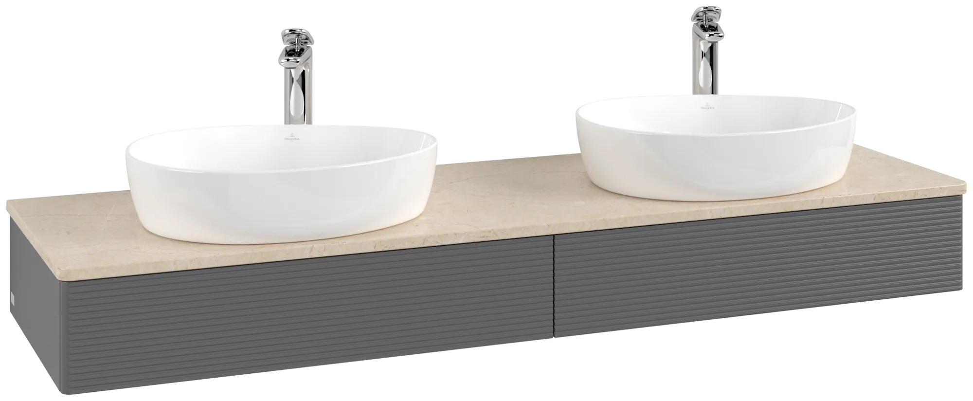 Picture of VILLEROY BOCH Antao Vanity unit, with lighting, 2 pull-out compartments, 1600 x 190 x 500 mm, Front with grain texture, Anthracite Matt Lacquer / Botticino #L17153GK