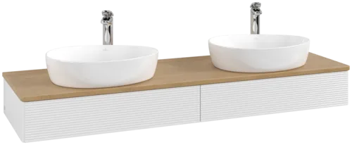 Picture of VILLEROY BOCH Antao Vanity unit, with lighting, 2 pull-out compartments, 1600 x 190 x 500 mm, Front with grain texture, Glossy White Lacquer / Honey Oak #L17151GF