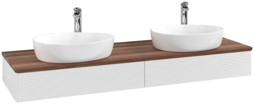 Picture of VILLEROY BOCH Antao Vanity unit, with lighting, 2 pull-out compartments, 1600 x 190 x 500 mm, Front with grain texture, Glossy White Lacquer / Warm Walnut #L17152GF