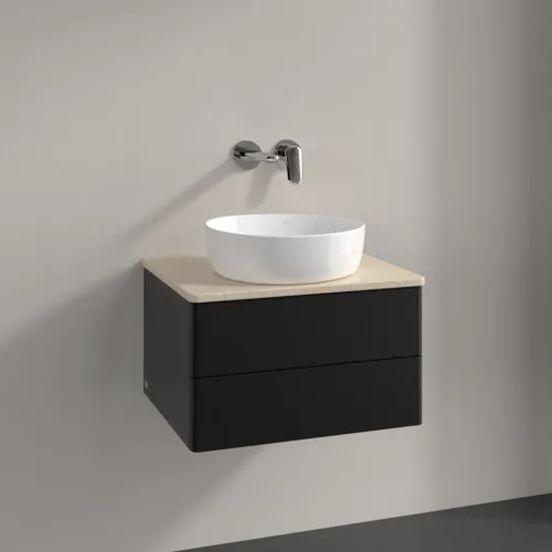 Bild von VILLEROY BOCH Antao Waschbeckenunterschrank, mit Beleuchtung, 2 Auszüge, 600 x 360 x 500 mm, Front ohne Struktur, Black Matt Lacquer / Botticino #L18013PD
