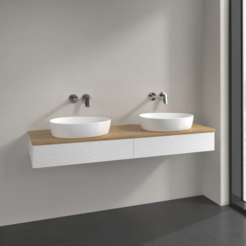 Bild von VILLEROY BOCH Antao Waschbeckenunterschrank, mit Beleuchtung, 2 Auszüge, 1600 x 190 x 500 mm, Front mit Struktur, White Matt Lacquer / Honey Oak #L17111MT