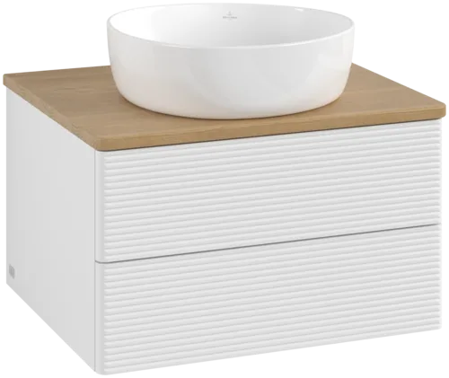 Picture of VILLEROY BOCH Antao Vanity unit, with lighting, 2 pull-out compartments, 600 x 360 x 500 mm, Front with grain texture, Glossy White Lacquer / Honey Oak #L18111GF