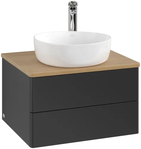 Picture of VILLEROY BOCH Antao Vanity unit, with lighting, 2 pull-out compartments, 600 x 360 x 500 mm, Front without structure, Black Matt Lacquer / Honey Oak #L18051PD