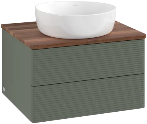 Picture of VILLEROY BOCH Antao Vanity unit, with lighting, 2 pull-out compartments, 600 x 360 x 500 mm, Front with grain texture, Leaf Green Matt Lacquer / Warm Walnut #L18112HL