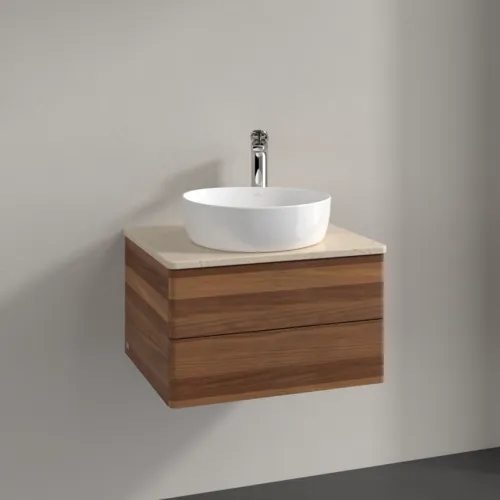 Bild von VILLEROY BOCH Antao Waschbeckenunterschrank, mit Beleuchtung, 2 Auszüge, 600 x 360 x 500 mm, Front ohne Struktur, Warm Walnut / Botticino #L18053HM