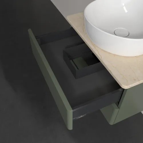Bild von VILLEROY BOCH Antao Waschbeckenunterschrank, mit Beleuchtung, 2 Auszüge, 600 x 360 x 500 mm, Front ohne Struktur, Leaf Green Matt Lacquer / Botticino #L18053HL