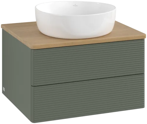 Picture of VILLEROY BOCH Antao Vanity unit, with lighting, 2 pull-out compartments, 600 x 360 x 500 mm, Front with grain texture, Leaf Green Matt Lacquer / Honey Oak #L18111HL