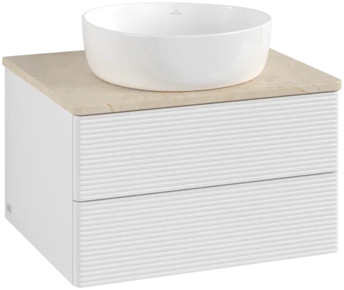 Picture of VILLEROY BOCH Antao Vanity unit, with lighting, 2 pull-out compartments, 600 x 360 x 500 mm, Front with grain texture, Glossy White Lacquer / Botticino #L18113GF