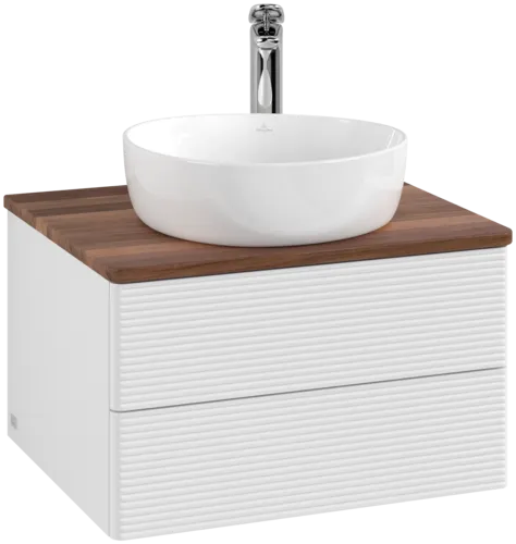 Picture of VILLEROY BOCH Antao Vanity unit, with lighting, 2 pull-out compartments, 600 x 360 x 500 mm, Front with grain texture, Glossy White Lacquer / Warm Walnut #L18152GF