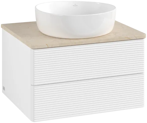 Picture of VILLEROY BOCH Antao Vanity unit, with lighting, 2 pull-out compartments, 600 x 360 x 500 mm, Front with grain texture, White Matt Lacquer / Botticino #L18113MT