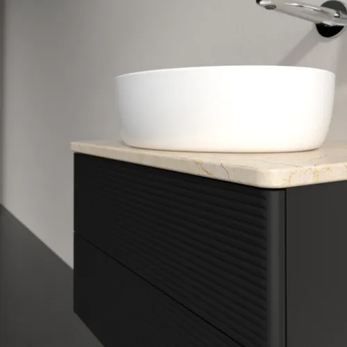 Bild von VILLEROY BOCH Antao Waschbeckenunterschrank, mit Beleuchtung, 2 Auszüge, 600 x 360 x 500 mm, Front mit Struktur, Black Matt Lacquer / Botticino #L18113PD
