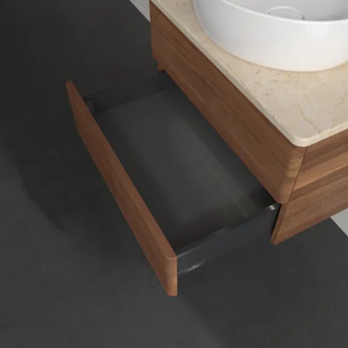 Bild von VILLEROY BOCH Antao Waschbeckenunterschrank, mit Beleuchtung, 2 Auszüge, 600 x 360 x 500 mm, Front mit Struktur, Warm Walnut / Botticino #L18113HM