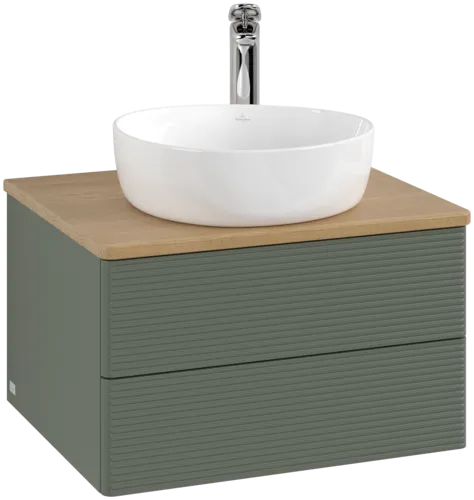 Picture of VILLEROY BOCH Antao Vanity unit, with lighting, 2 pull-out compartments, 600 x 360 x 500 mm, Front with grain texture, Leaf Green Matt Lacquer / Honey Oak #L18151HL